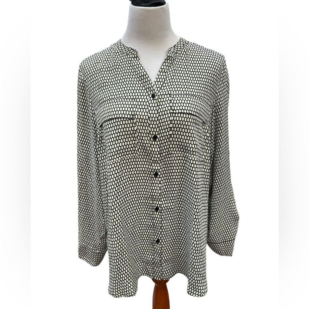 Jones New York Signature Women’s Black/White/Green Button-Up Top Size‎ Large